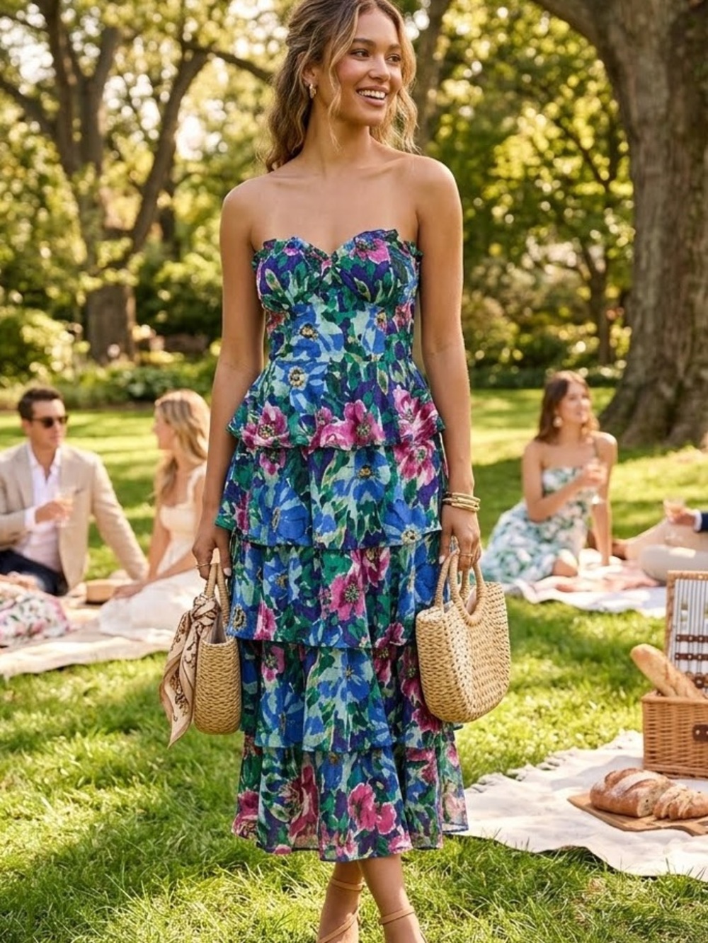 New Nahya Strapless Square Neck Tiered Floral Dress in Blue and Green Sz Small